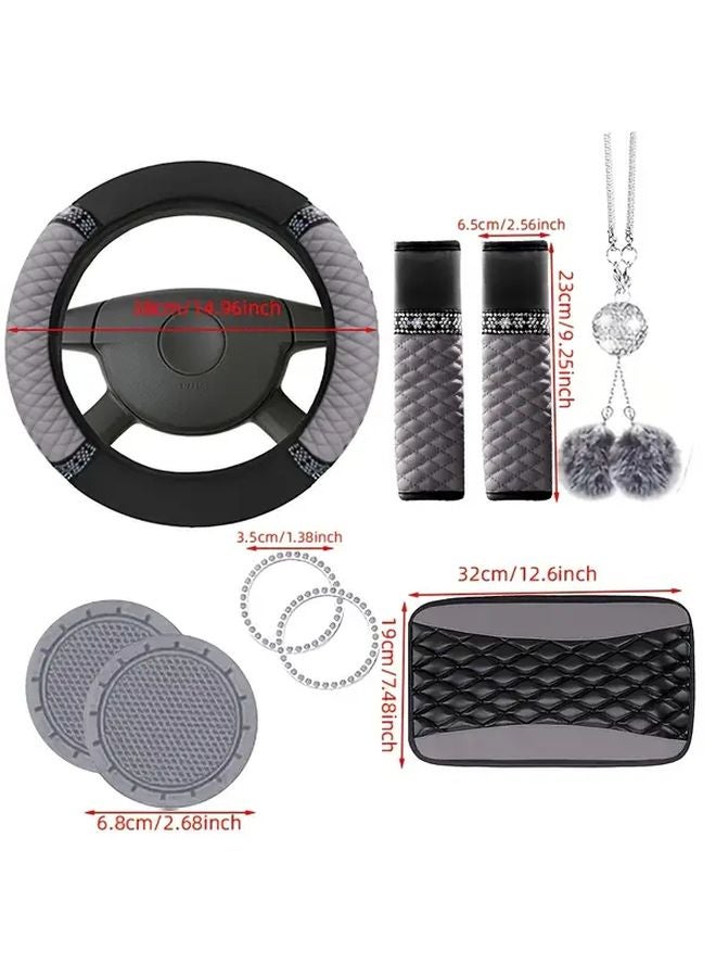 Red PU Leather Car Interior Set Steering Wheel Cover Dashboard Protectors - Image 2